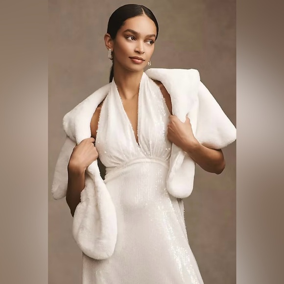 BHLDN NWOT Maxime Faux Fur Satin-Lined Wrap Balero Shawl white Anthropologie - Picture 3 of 3